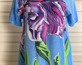 Purple Iris On Blue Hand Painted Wearable Silk Top Size XLarge