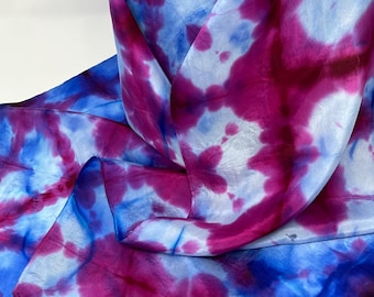 Hand-Painted Shibori Silk Scarf, Royal Blue & Magenta Wearable Art