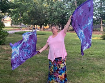 Hand Painted Silk Worship Flags, Purple Teal, Prophetic Dance, Set of 2