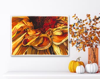 Golden Dahlia Silk Painting, Original Hand Painted Art, 18x24 Canvas