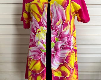 Pink Dahlia Kimono Tunic Size Large Hand Painted Wearable Silk Top