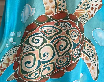 Sea Turtle Tank Top Size XLarge Hand Painted Wearable Silk Top With Teal Background