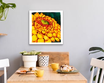 Hand Painted Yellow Dahlia Silk Art, Gallery Canvas Wall Hanging