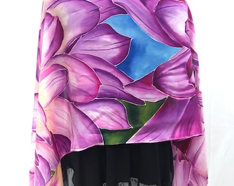 Hand Painted Dahlia Silk Scarf, Floral Art Shawl 22x72