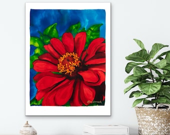Hand Painted Red Daisy, Habotai Silk Art, Gallery Canvas (18x24)