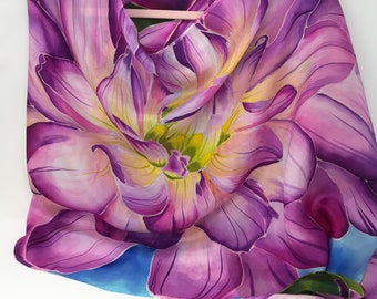 Hand Painted Dahlia Silk Scarf, Floral Art Shawl 22x72