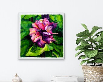 Trumpet Garden Original Hand Painted Silk Painting, Gallery Wall Decor Fiber Art