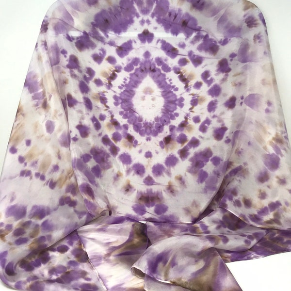 Purple Brown Shibori Pattern Silk Shawl 21x70 Bohemian Style, Wearable Art Head Wrap, Head Turban