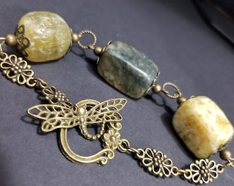 Green Semi Precious stones Bronze toggle clasp bracelet Boho Native American Gypsy Southwest Cowgirl Rustic Earthy Handmade Unique Jewelry