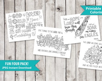 Four Pack - Bible Verse Coloring Pages - Printable Bible Coloring Pages, JPEG Instant Download, Christian Kids Sunday School Coloring Sheets