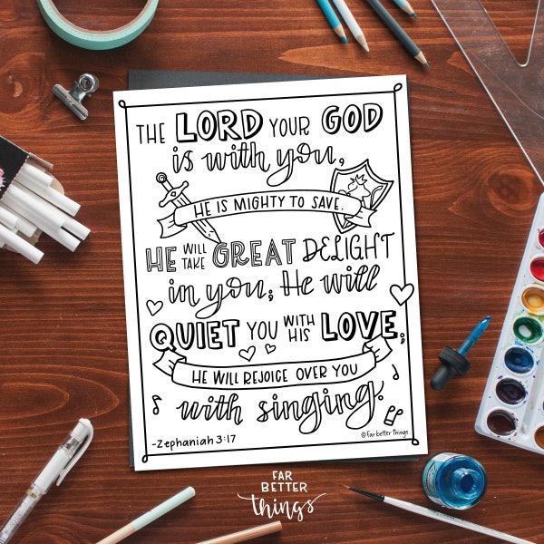 Bible Verse Coloring Page - Zephaniah 3:17 - Printable Bible Coloring Page, Christian Kids Activities, Sunday School Craft, Mighty to Save