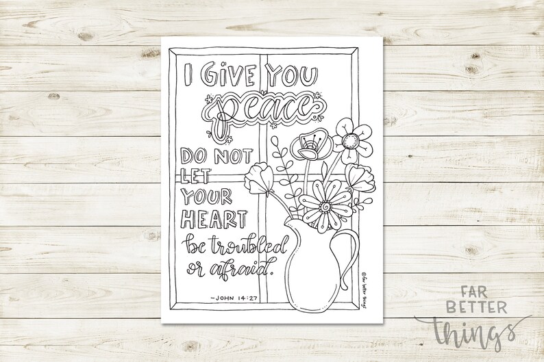 Bible Verse Coloring Page John 14:27 Printable Bible Coloring Page, Christian Kids Activity, Sunday School Craft, God's Peace, Scripture image 8