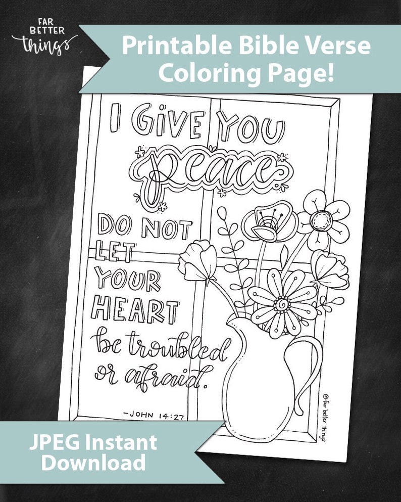 Bible Verse Coloring Page John 14:27 Printable Bible Coloring Page, Christian Kids Activity, Sunday School Craft, God's Peace, Scripture image 3