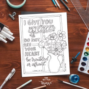 Bible Verse Coloring Page John 14:27 Printable Bible Coloring Page, Christian Kids Activity, Sunday School Craft, God's Peace, Scripture image 1