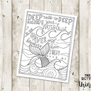 Bible Verse Coloring Page Psalm 42:7 Printable Coloring Page, Bible Coloring Page, Christian Kids Activity, Sunday School Craft, mermaid image 7