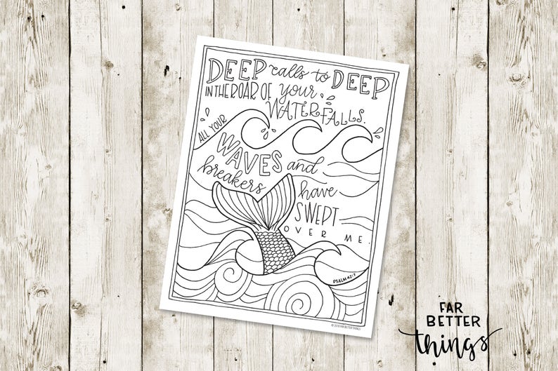 Bible Verse Coloring Page Psalm 42:7 Printable Coloring Page, Bible Coloring Page, Christian Kids Activity, Sunday School Craft, mermaid image 7