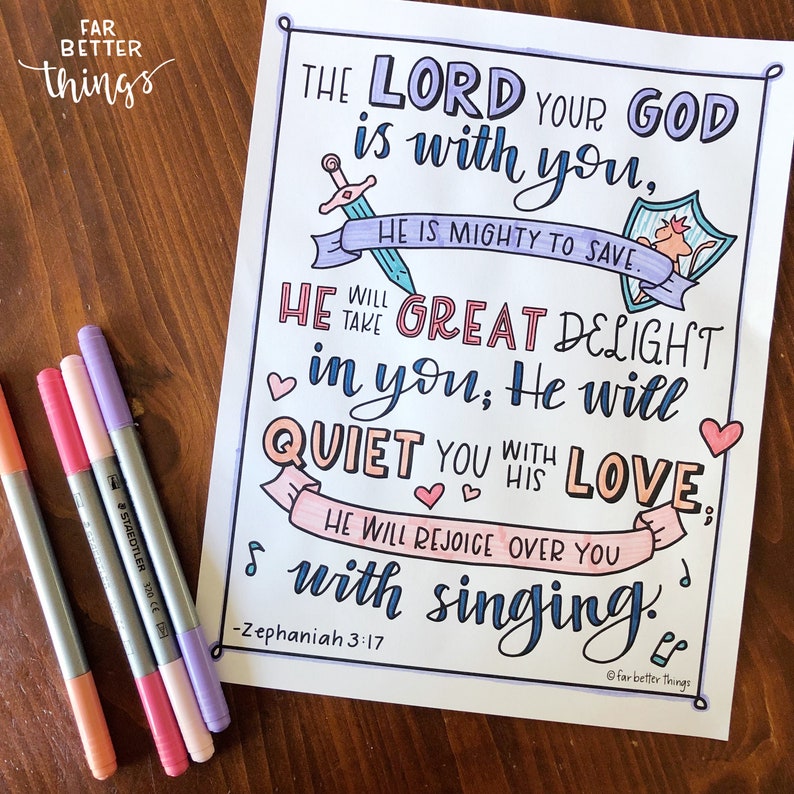 Bible Verse Coloring Page Zephaniah 3:17 Printable Bible Coloring Page, Christian Kids Activities, Sunday School Craft, Mighty to Save image 10