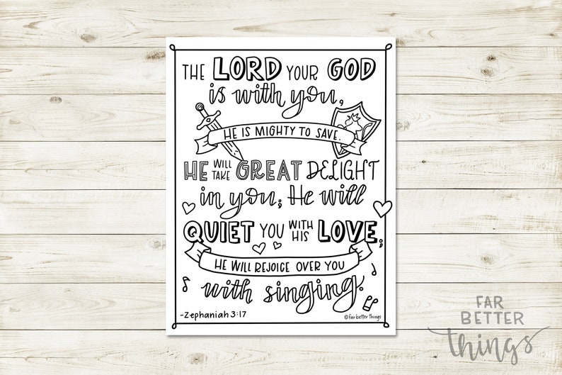 Bible Verse Coloring Page Zephaniah 3:17 Printable Bible Coloring Page, Christian Kids Activities, Sunday School Craft, Mighty to Save image 9