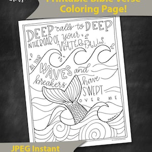 Bible Verse Coloring Page Psalm 42:7 Printable Coloring Page, Bible Coloring Page, Christian Kids Activity, Sunday School Craft, mermaid image 3