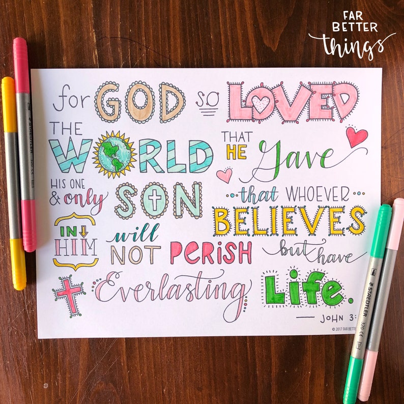Bible Verse Coloring Page John 3:16 Printable Bible Coloring Page, Christian Kids Activities, Sunday School Craft, For God So Loved image 7