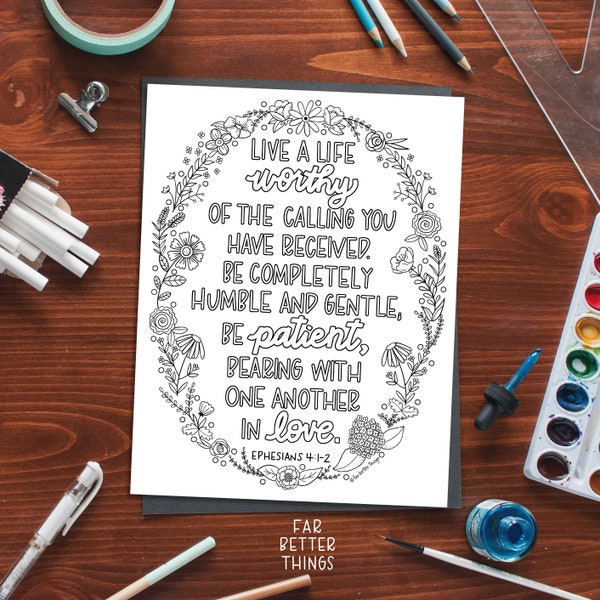 Bible Verse Coloring Page - Ephesians 4:1-2 - Printable Digital Download, Bible Coloring Page, Christian Kids Activity, Sunday School Craft