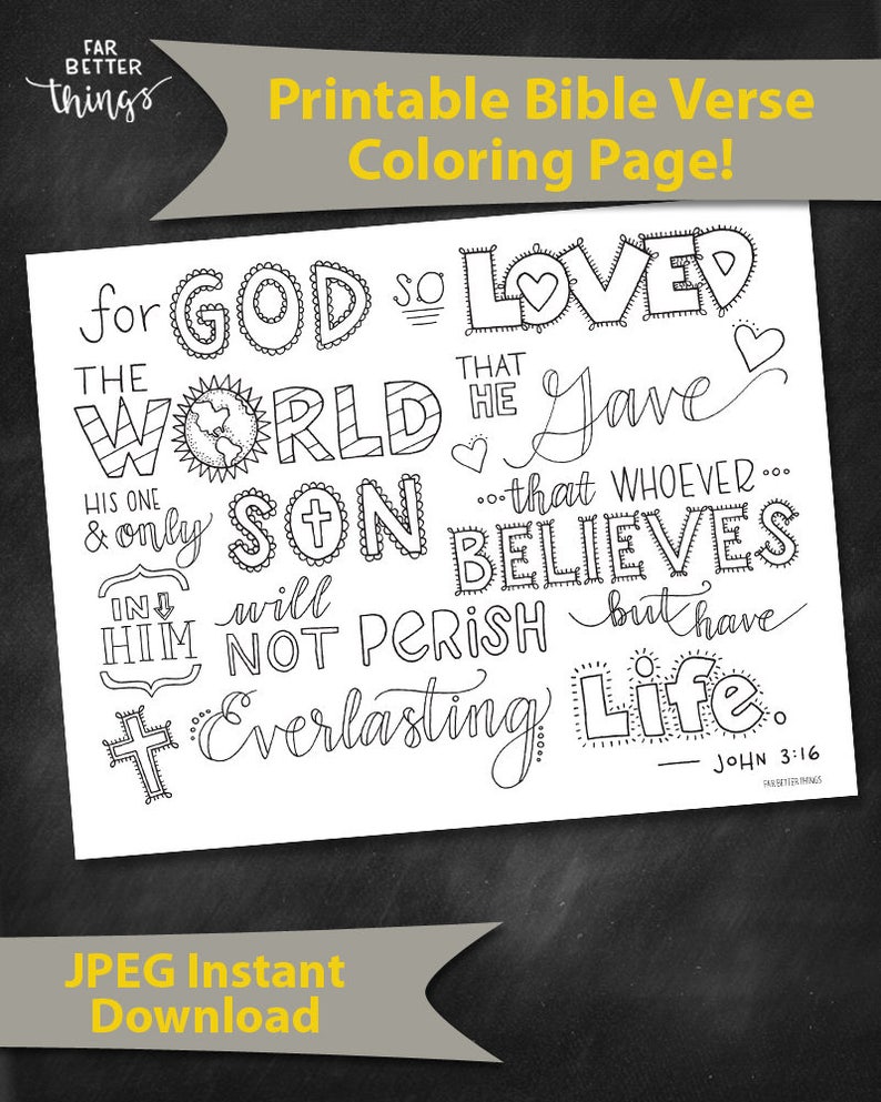 Bible Verse Coloring Page John 3:16 Printable Bible Coloring Page, Christian Kids Activities, Sunday School Craft, For God So Loved image 3