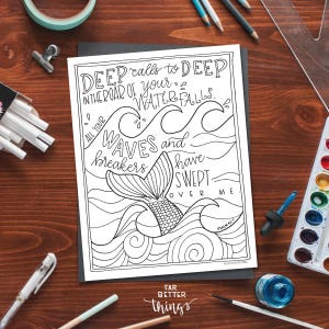 Bible Verse Coloring Page Psalm 42:7 Printable Coloring Page, Bible Coloring Page, Christian Kids Activity, Sunday School Craft, mermaid image 9