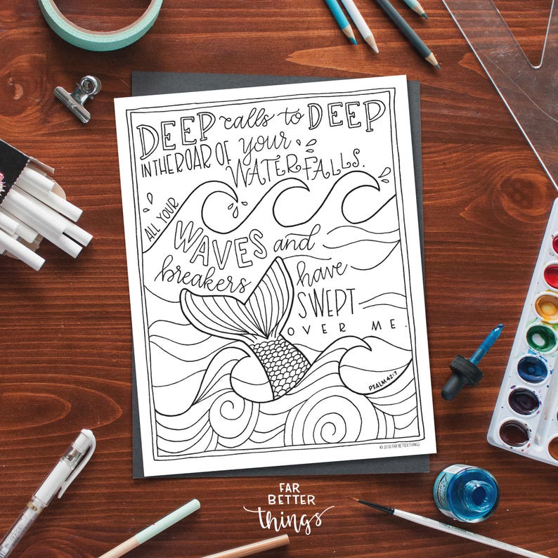 Bible Verse Coloring Page Psalm 42:7 Printable Coloring Page, Bible Coloring Page, Christian Kids Activity, Sunday School Craft, mermaid image 9