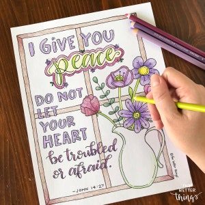 Bible Verse Coloring Page John 14:27 Printable Bible Coloring Page, Christian Kids Activity, Sunday School Craft, God's Peace, Scripture image 6