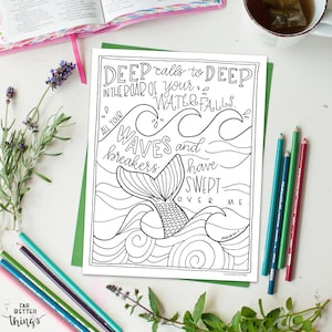 Bible Verse Coloring Page Psalm 42:7 Printable Coloring Page, Bible Coloring Page, Christian Kids Activity, Sunday School Craft, mermaid image 8