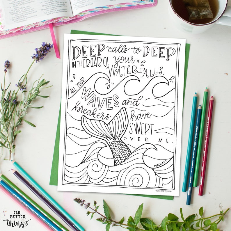 Bible Verse Coloring Page Psalm 42:7 Printable Coloring Page, Bible Coloring Page, Christian Kids Activity, Sunday School Craft, mermaid image 8