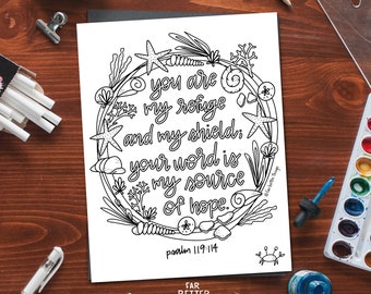 Bible Verse Coloring Page - Psalm 119:114 - Printable Coloring Page, Bible Coloring Page, Christian Kids Activity - Sunday School Activity