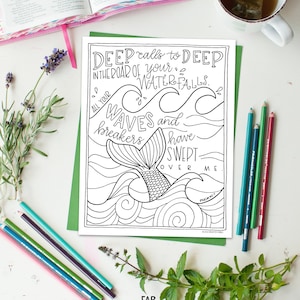 Bible Verse Coloring Page Psalm 42:7 Printable Coloring Page, Bible Coloring Page, Christian Kids Activity, Sunday School Craft, mermaid image 4