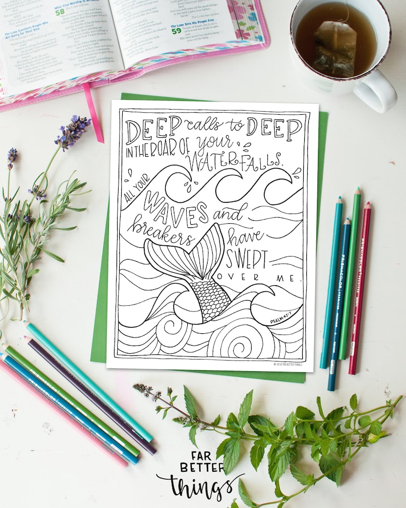 Bible Verse Coloring Page Psalm 42:7 Printable Coloring Page, Bible Coloring Page, Christian Kids Activity, Sunday School Craft, mermaid image 4