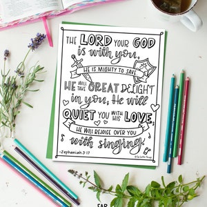Bible Verse Coloring Page Zephaniah 3:17 Printable Bible Coloring Page, Christian Kids Activities, Sunday School Craft, Mighty to Save image 6