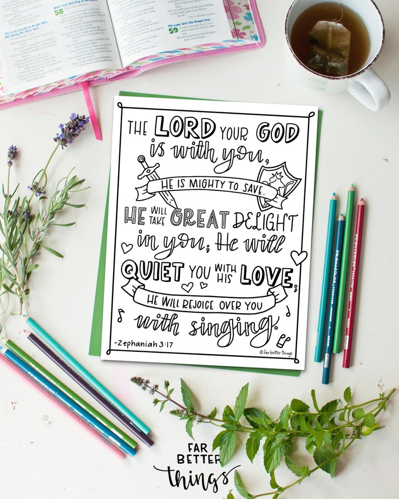 Bible Verse Coloring Page Zephaniah 3:17 Printable Bible Coloring Page, Christian Kids Activities, Sunday School Craft, Mighty to Save image 6