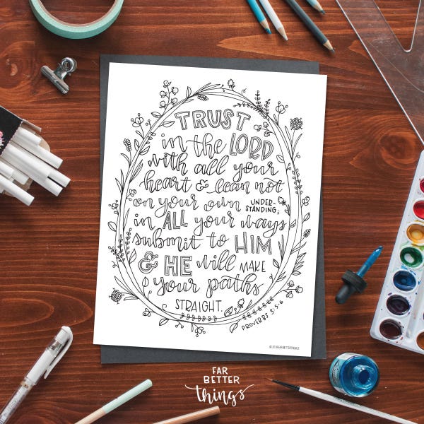 Bible Verse Coloring Page - Trust in the Lord - Proverbs 3:5-6 - Printable Coloring Page, Bible Coloring Page, Christian Kids Activity