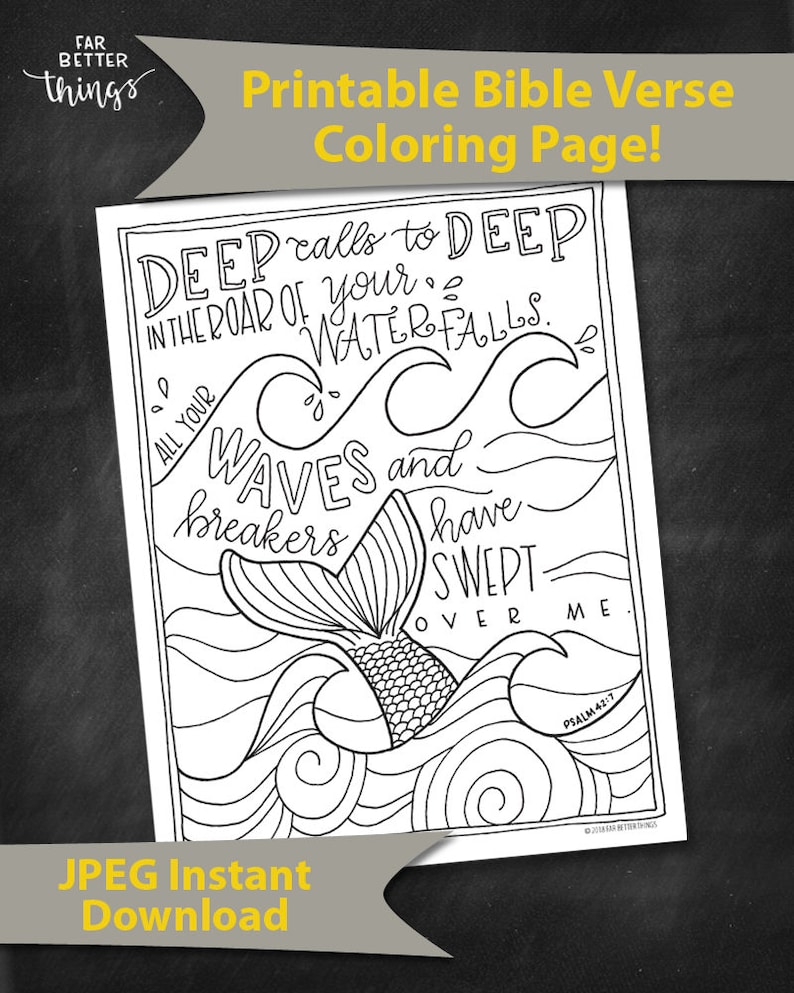 Bible Verse Coloring Page Psalm 42:7 Printable Coloring Page, Bible Coloring Page, Christian Kids Activity, Sunday School Craft, mermaid image 10