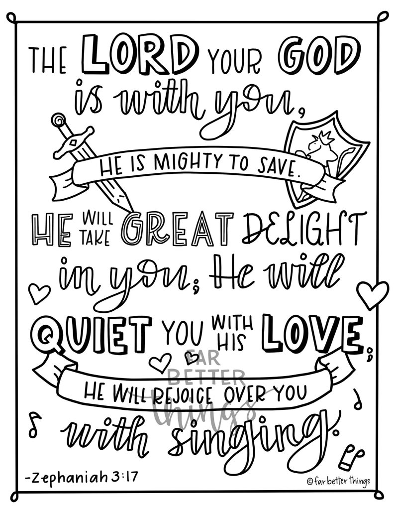 Bible Verse Coloring Page Zephaniah 3:17 Printable Bible Coloring Page, Christian Kids Activities, Sunday School Craft, Mighty to Save image 3