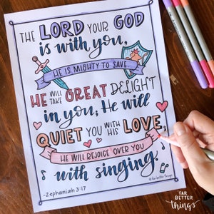 Bible Verse Coloring Page Zephaniah 3:17 Printable Bible Coloring Page, Christian Kids Activities, Sunday School Craft, Mighty to Save image 7