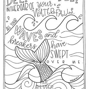 Bible Verse Coloring Page Psalm 42:7 Printable Coloring Page, Bible Coloring Page, Christian Kids Activity, Sunday School Craft, mermaid image 2