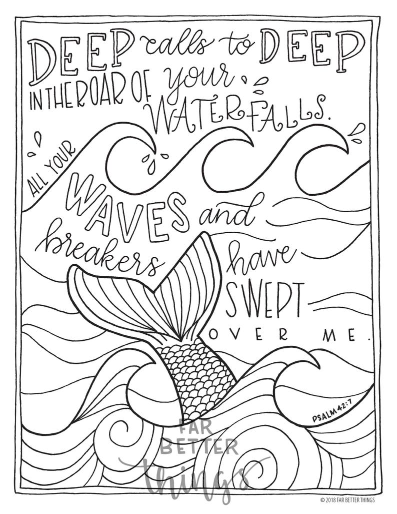 Bible Verse Coloring Page Psalm 42:7 Printable Coloring Page, Bible Coloring Page, Christian Kids Activity, Sunday School Craft, mermaid image 2