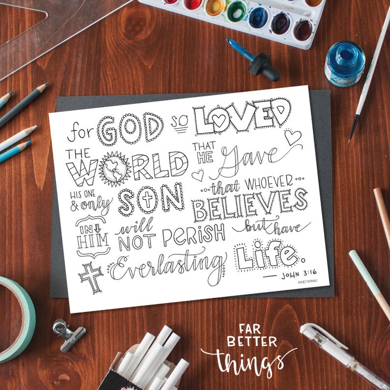 Bible Verse Coloring Page John 3:16 Printable Bible Coloring Page, Christian Kids Activities, Sunday School Craft, For God So Loved image 1