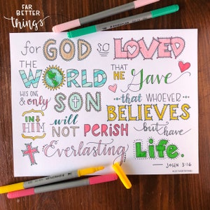 Bible Verse Coloring Page John 3:16 Printable Bible Coloring Page, Christian Kids Activities, Sunday School Craft, For God So Loved image 4
