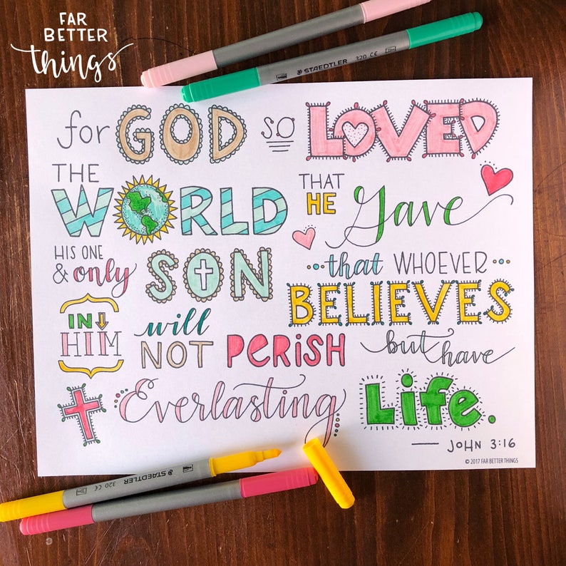 Bible Verse Coloring Page John 3:16 Printable Bible Coloring Page, Christian Kids Activities, Sunday School Craft, For God So Loved image 4