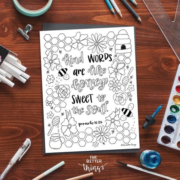Bible Verse Coloring Page - Proverbs 16:24 - Printable Coloring Page, Bible Coloring Page, Christian Kids Activity, Sunday School Craft