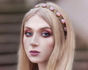 Pink fire gems gothic victorian medieval renaissance wedding bridal romantique hair jewelry