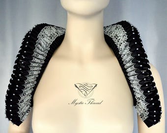 Black Elizabethan renaissance medieval gothic victorian wedding bridal ruff neck collar decorated with silver lace details & silver beads