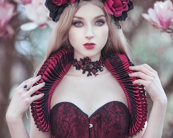 Burgundy Renaissance Ruff Collar: Black Lace & Preciosa Beads