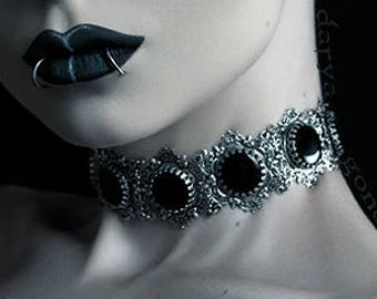 Black agate gems elegant gothic victorian medieval renaissance wedding bridal choker